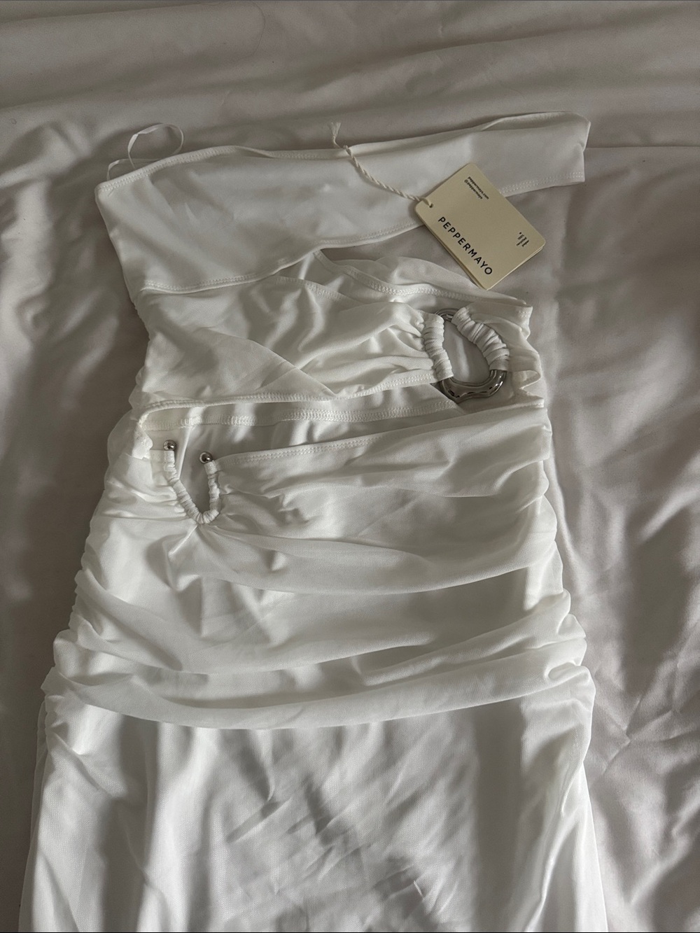 Peppermayo White One-Shoulder Ruched Midi Dress with Ring Detail